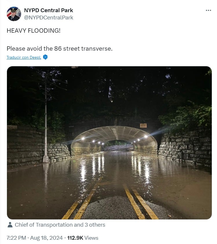 NYPD alertó sobre calles inundadas en Central Park. (X: @NYPDCentralPark)