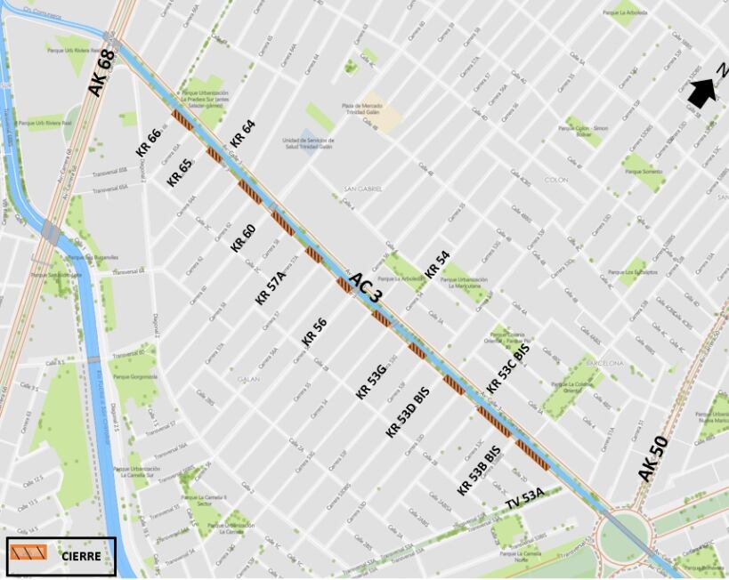 Los cierres se distribuirán entre la carrera 66 y la Transversal 53A - crédito Secretaría de Movilidad
