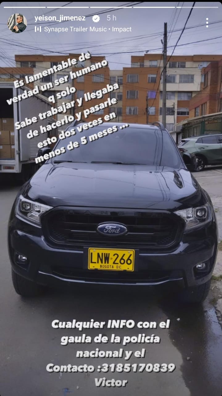 El cantante aprovecho su influencia en las redes sociales para compartir información que conlleve a recuperar la camioneta y a los presuntos responsables del hurto - crédito yeison_jimenez / Instagram
