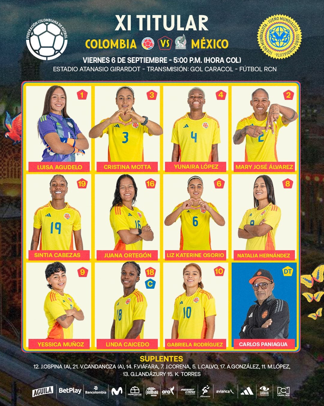 Alineación de Colombia ante México - crédito Federación Colombiana de Fútbol