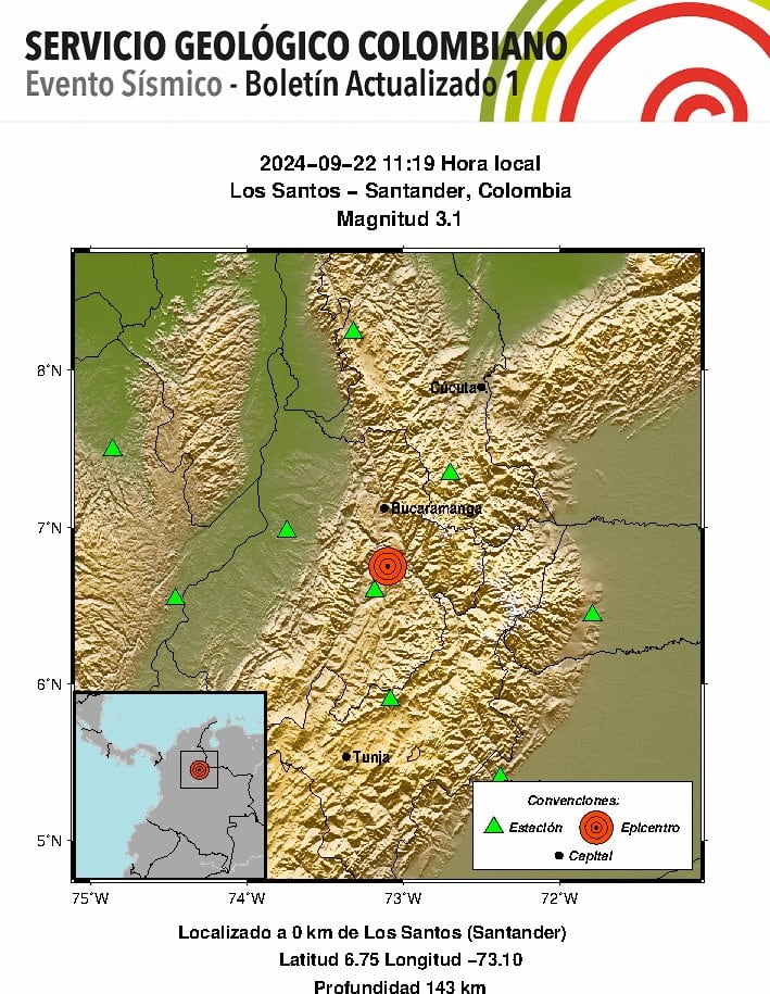 Evento Sísmico - Boletín Actualizado 1, 2024-09-22, 11:19 hora local Magnitud 3.1, Profundidad 143 km, Los Santos - Santander, Colombia - crédito Servicio Geológico Colombiano